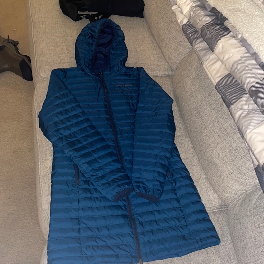 Eddie Bauer long jacket, dark blue, S. Never worn